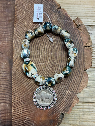 Multi Color Stone and Bead Bracelet with Vintage Buffalo Nickel