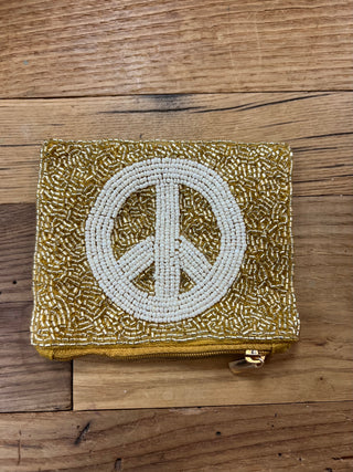 Beaded Coin Purse - White + Gold Peace