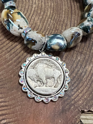 Multi Color Stone and Bead Bracelet with Vintage Buffalo Nickel