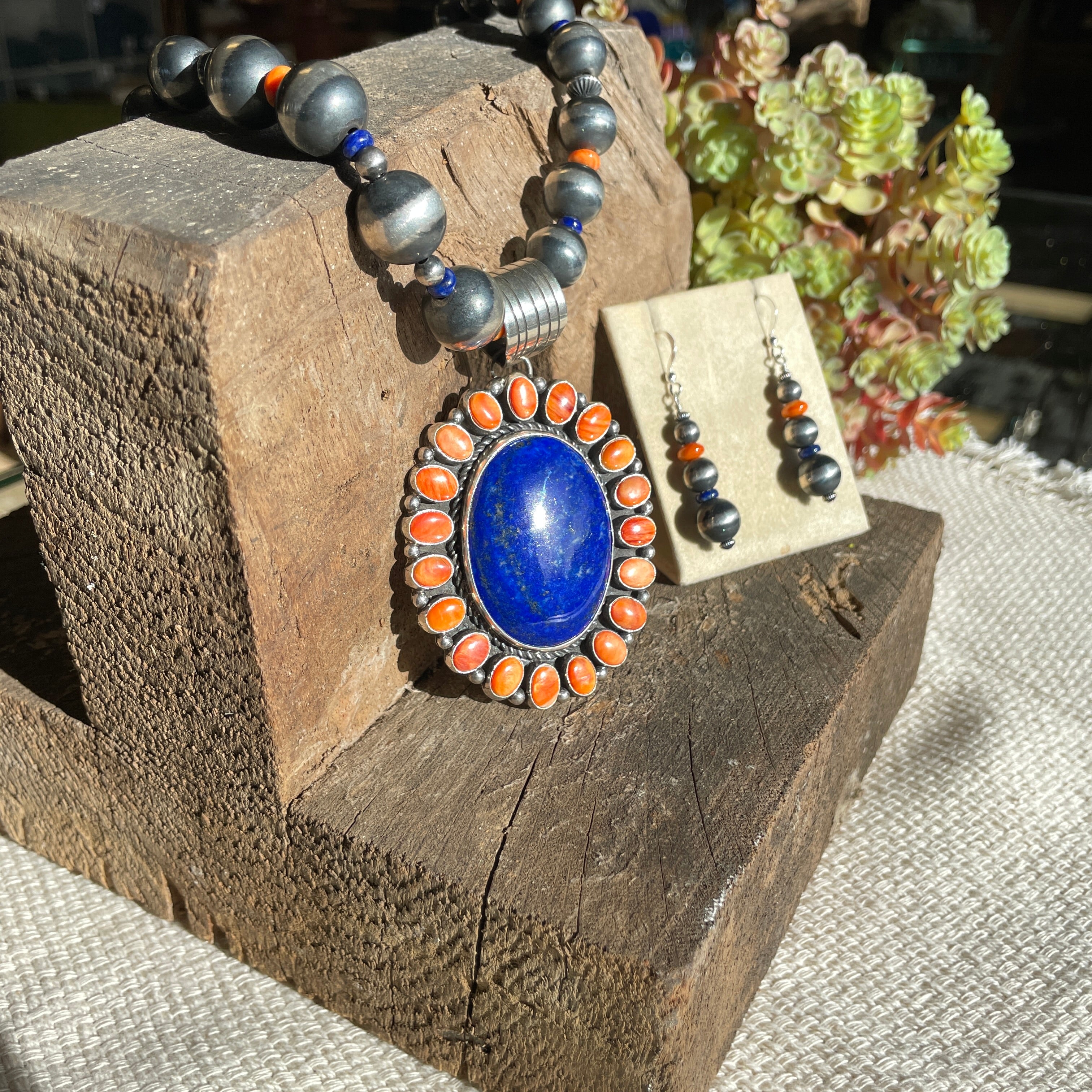 Linda Yazzie - Navajo Pearl with Orange Spiny Oyster and Blue