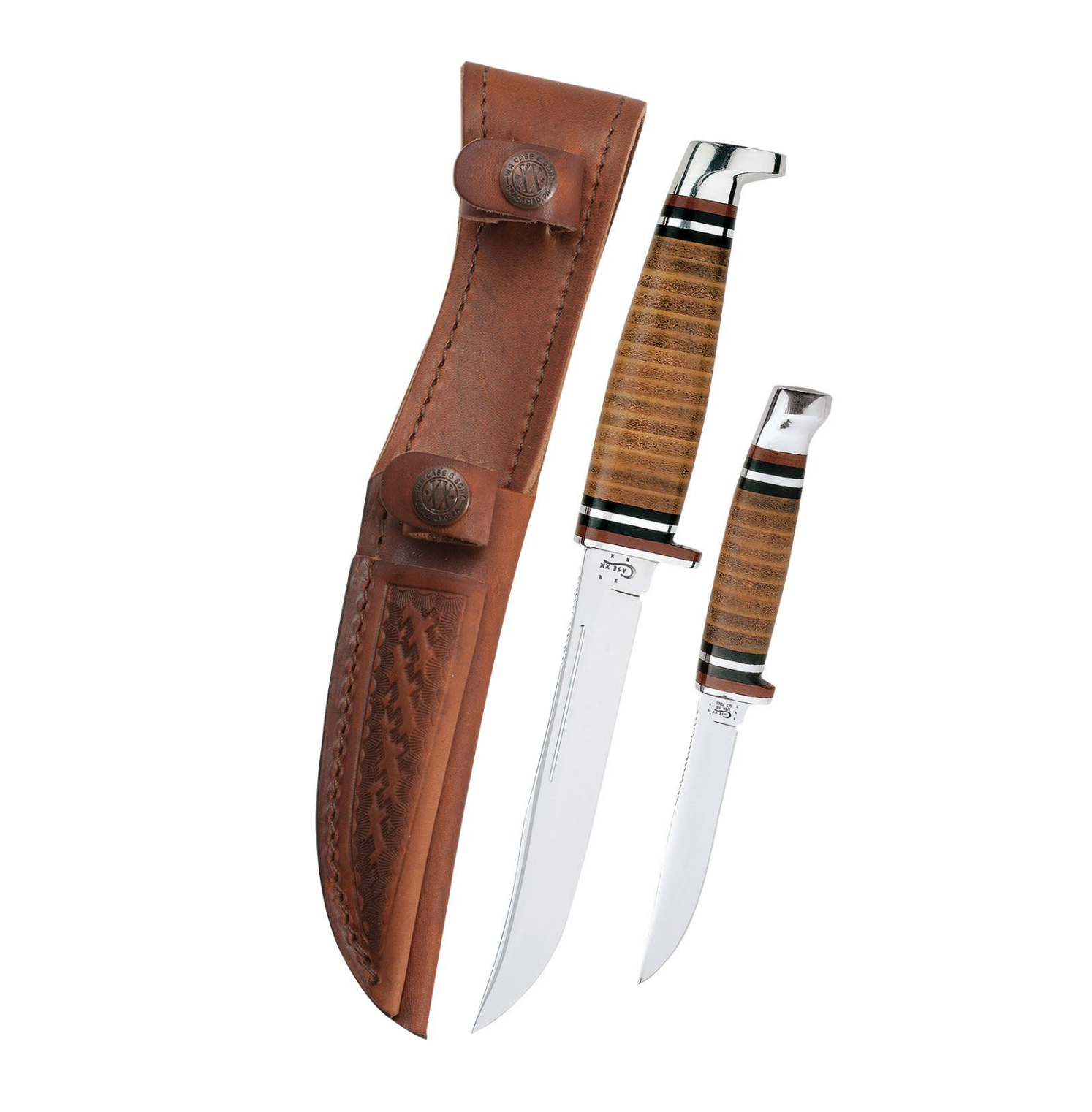 Case Twin Finn Two Piece Hunting Set, Leather Handles, Leather Sheath -  KnifeCenter - 00372