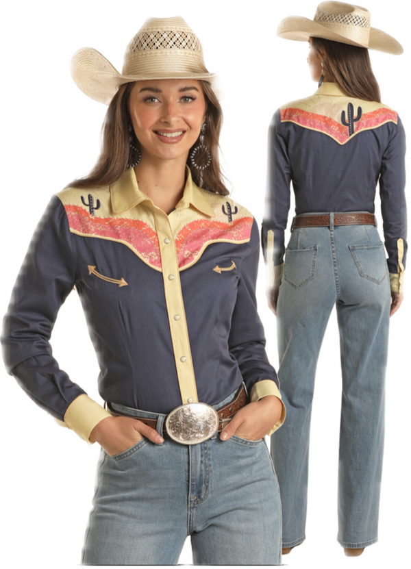 Panhandle - Ladies Blue and Yellow Embroidered Long Sleeve Shirt