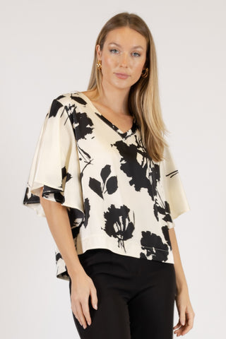Two Tone Print Flutter Sleeve Top