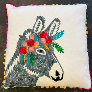 Otomi Donkey Embroidered Pillow - Grey