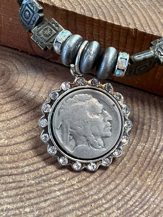 Stone + Silver Bead Bracelet with Vintage Buffalo Nickel