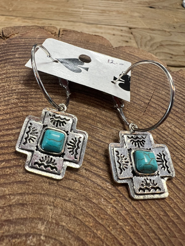 Silver Hoops with Turquoise Stone - Cross