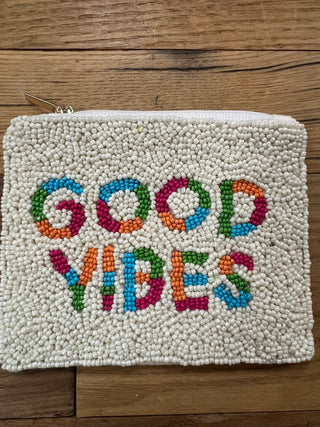 Beaded Coin Purse - White with Multi Color - Good Vibes