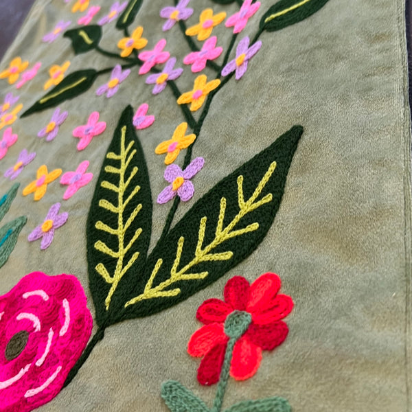 Velvet Pink Flowers Hand Embroidered Runner - Green