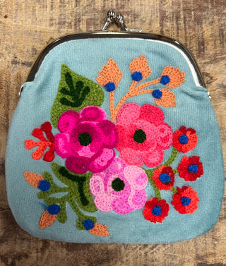 Kiss Lock Velvet Embroidered Coin Purses  - Sky Blue Floral