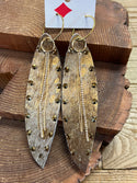 Hair on Leather Studded Long Earrings - Gold