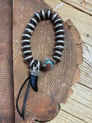Turquoise Stone + Bead Bracelet with Vintage Buffalo Nickel and Wolf Tooth