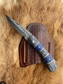 TF-082 Pocket Knife Grey and Blue Wood 6.5'' Damascus Steel