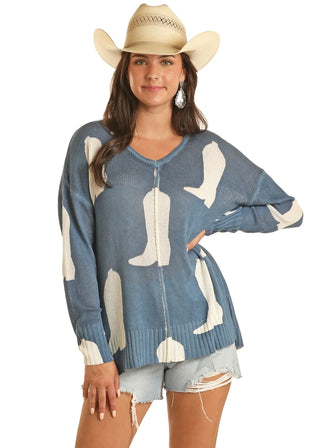 Panhandle Slim - Blue and White Cowgirl Boots Sweater