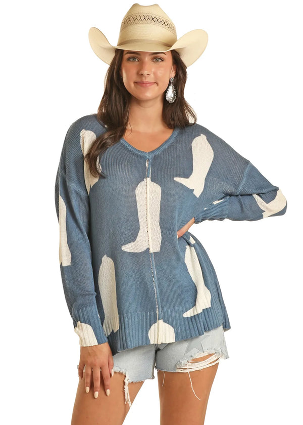 Panhandle Slim - Blue and White Cowgirl Boots Sweater