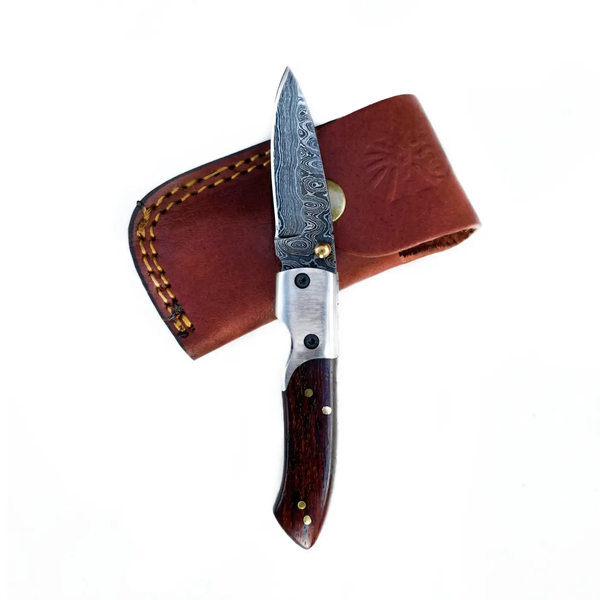 TF-004 Titan International Damascus Folding Pocket Knife - Black Walnut