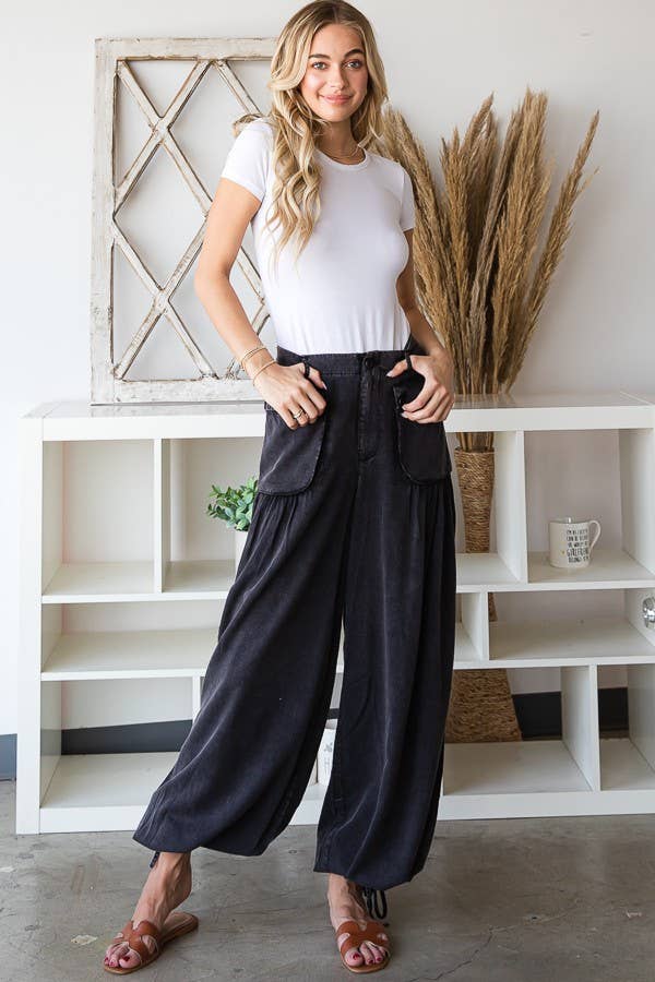 WASHED COLOR TENCEL 3D POCKET WIDE PANTS - Black