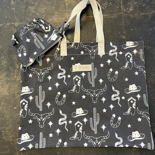Printed Bag with Woven Strap - Navy and White