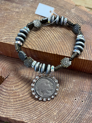 Stone + Silver Bead Bracelet with Vintage Buffalo Nickel