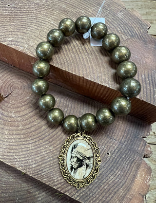 Olive Beaded Bracelet with Native American Image Dangle