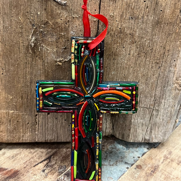 Wooden Cross Made with Recycled Glass Bangles with Ovals