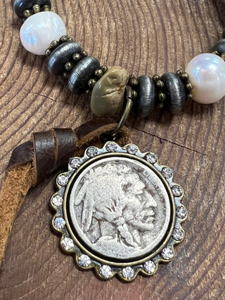 Stone + White and Tan Bead Bracelet with Vintage Buffalo Nickel