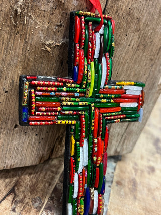 Wooden Cross Made with Recycled Glass Bangles with Lines