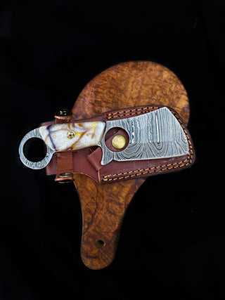 Custom, 6", Mini Clever knife, Damascus Steel EDC, handle with finger hole, Arylic