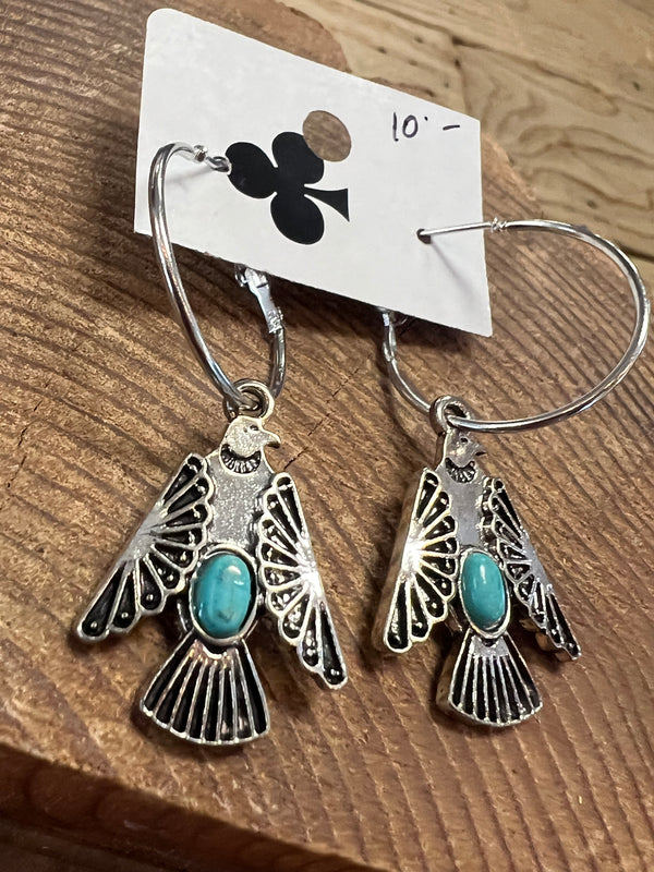 Silver Hoops with Turquoise Stone - Thunderbird