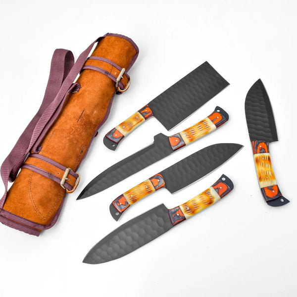 5 Piece Knife Set w/leather carry bag- Burnt bone handle