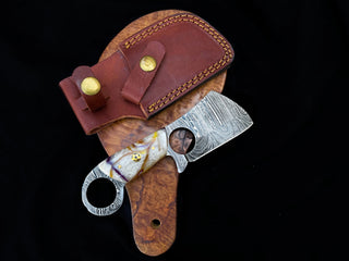 Custom, 6", Mini Clever knife, Damascus Steel EDC, handle with finger hole, Arylic