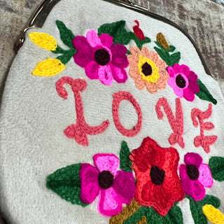 Kiss Lock Velvet Embroidered Coin Purses  - Love + Flowers Tan