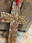 Wooden Cross Made with Recycled Glass Bangles - Golden Glam