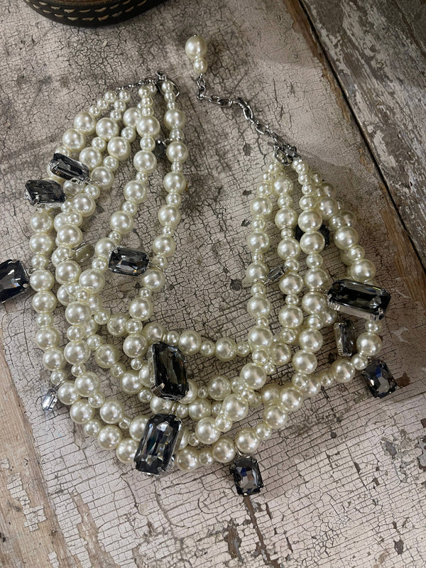 5 Strand Pearl Crystal Necklace: Taupe