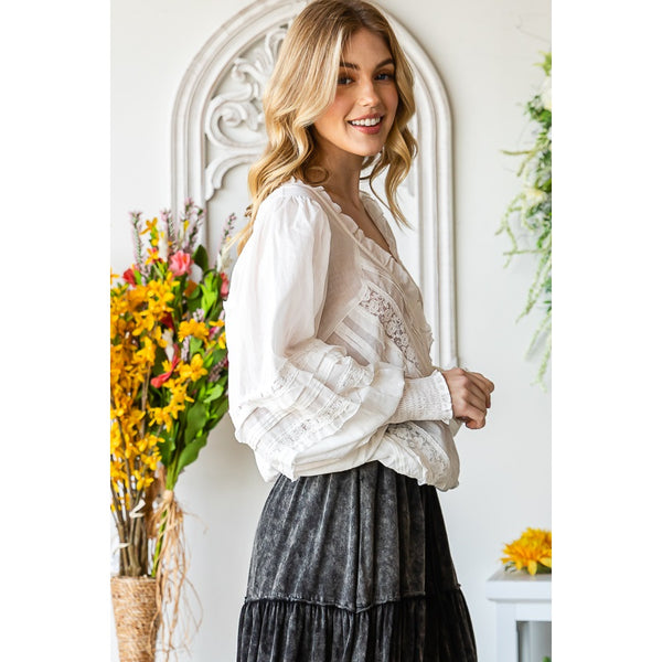 V-Neck Crop Wrap Smocked Cuffs Long Sleeve Blouse