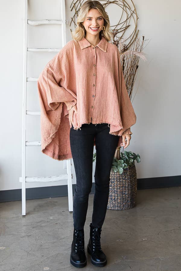 Mineral Washed Button Down Crinkled Oversized Top - Pink