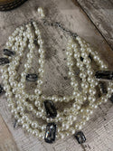 5 Strand Pearl Crystal Necklace: Taupe