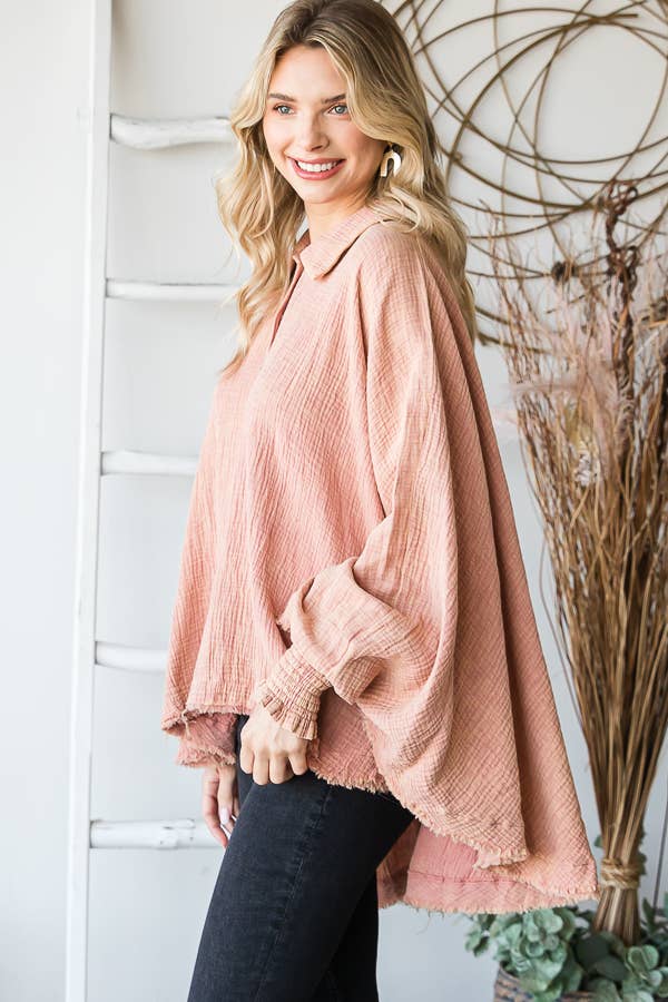 Mineral Washed Button Down Crinkled Oversized Top - Pink