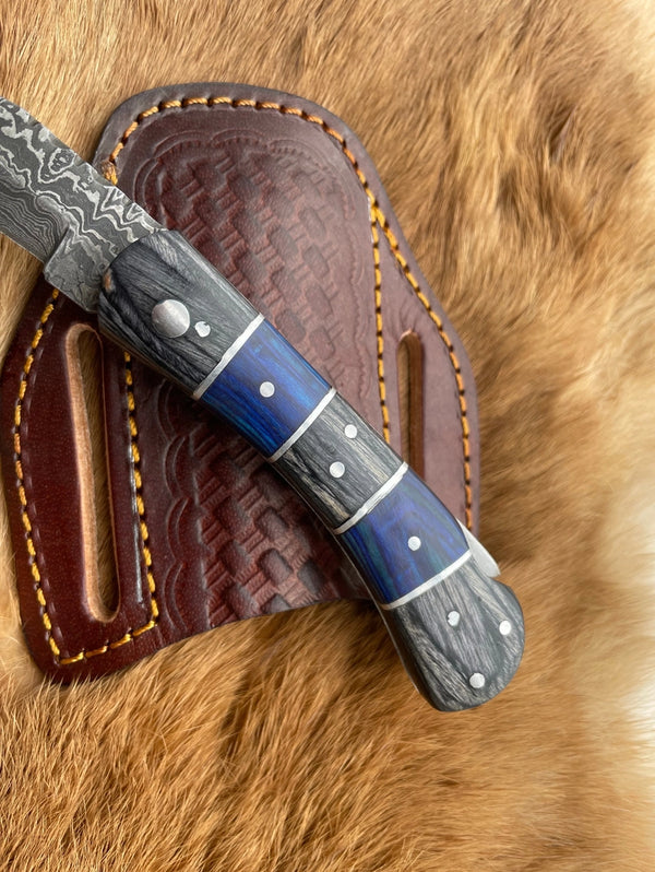 TF-082 Pocket Knife Grey and Blue Wood 6.5'' Damascus Steel