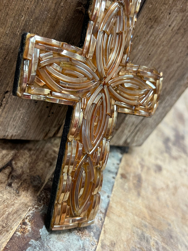 Wooden Cross Made with Recycled Glass Bangles - Golden Glam