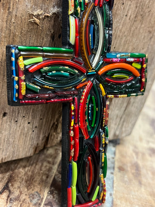 Wooden Cross Made with Recycled Glass Bangles with Ovals