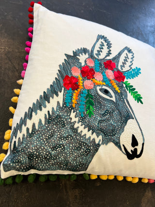 Otomi Donkey Embroidered Pillow - Grey