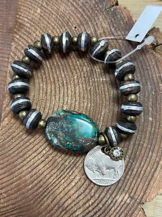 Stone + Turquoise Bead Bracelet with Vintage Buffalo Nickel