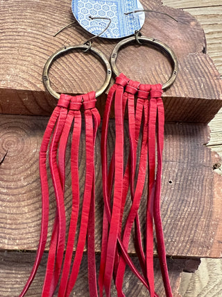 Gold Hoops with Long Leather Tassels - Red