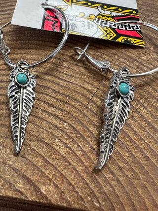 Silver Hoops with Turquoise Stone - Feather