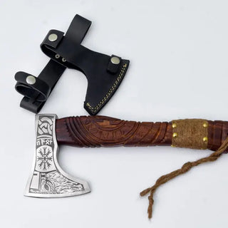 Fenrir's Mark Carbon Steel Hatchet with Runic Carved Rosewood Handle & Leather Sheath by Titan AXE-C004