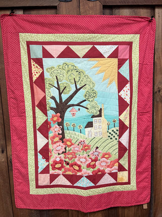House on the Hill with Embroidered Stitching - Quilt Wall Hanging