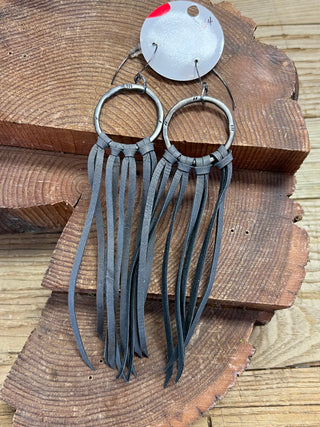 Gold Hoops with Long Leather Tassels - Grey