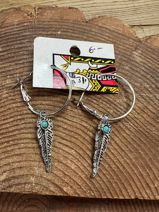 Silver Hoops with Turquoise Stone - Feather