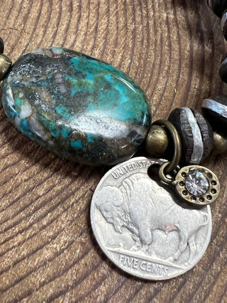 Stone + Turquoise Bead Bracelet with Vintage Buffalo Nickel