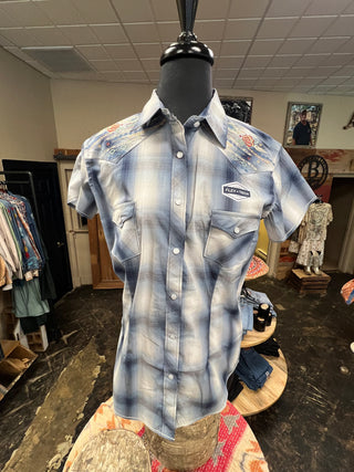 Panhandle - Ladies Blue Plaid with gorgeous Embroidery Short Sleeve Shirt